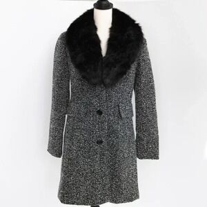 INTL Details Tweed Wool Blend Coat Womens XL Black White Retro 50s Faux Fur